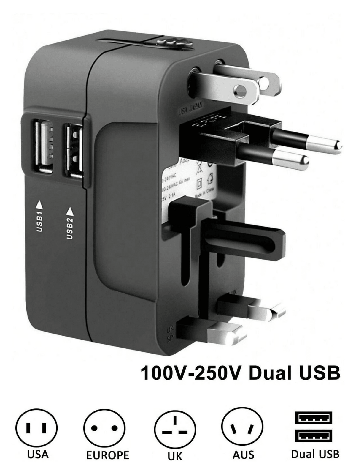 1pc Universal Travel Adapter With Dual USB Ports, 110V-240V Input