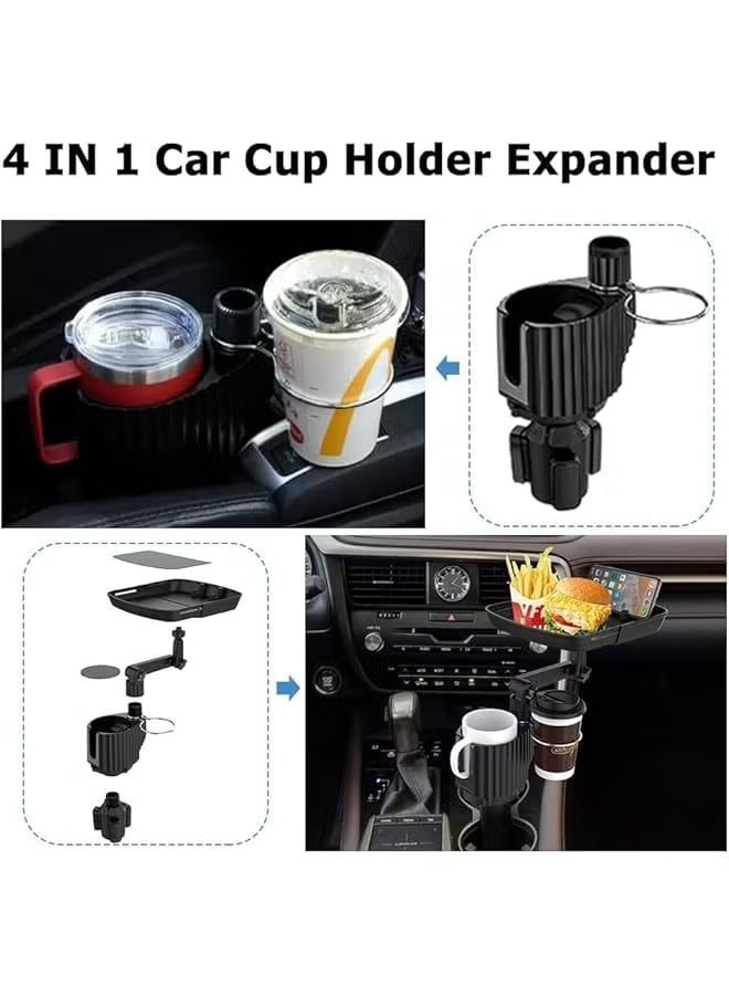 4-in-1 Car Cup Holder Expander with Tray – Adjustable Dual Cup Holder & Car Food Tray Table